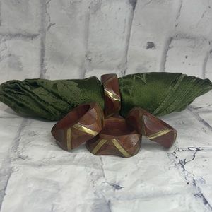 Polished Wood and Brass Napkin Rings Bohemian Set of 4 Made in India Thumbprint